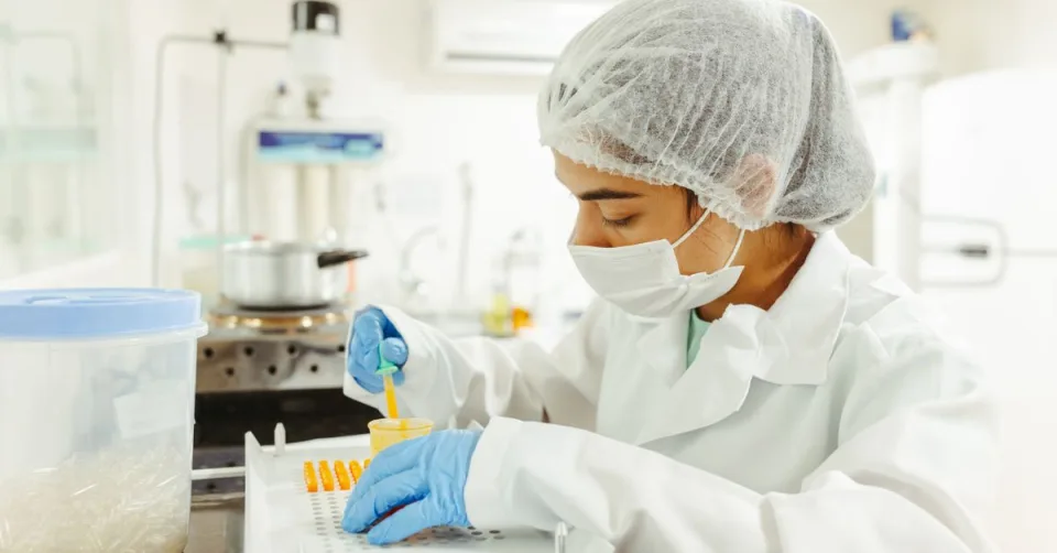 Chercheur en laboratoire pharmaceutique travaillant avec une interface d'intelligence artificielle