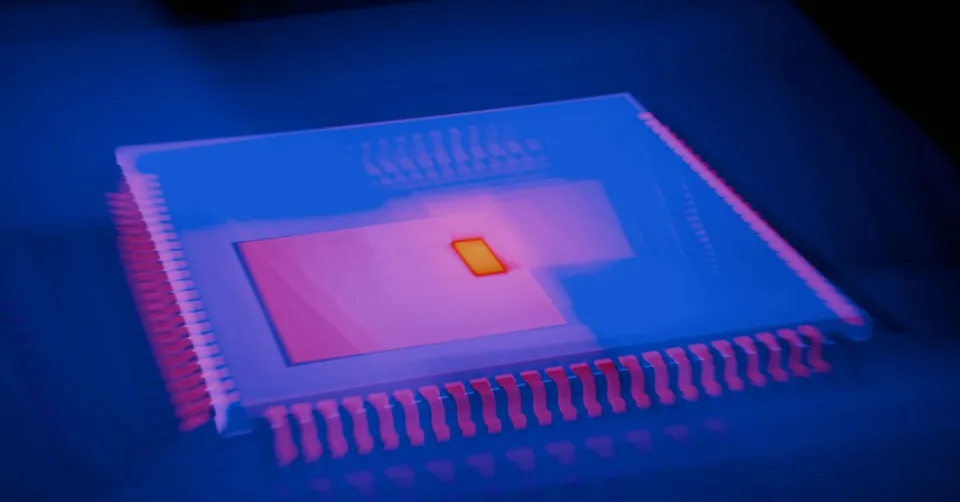 Puce électronique d'IA posée sur un circuit imprimé, symbole de l'inférence
