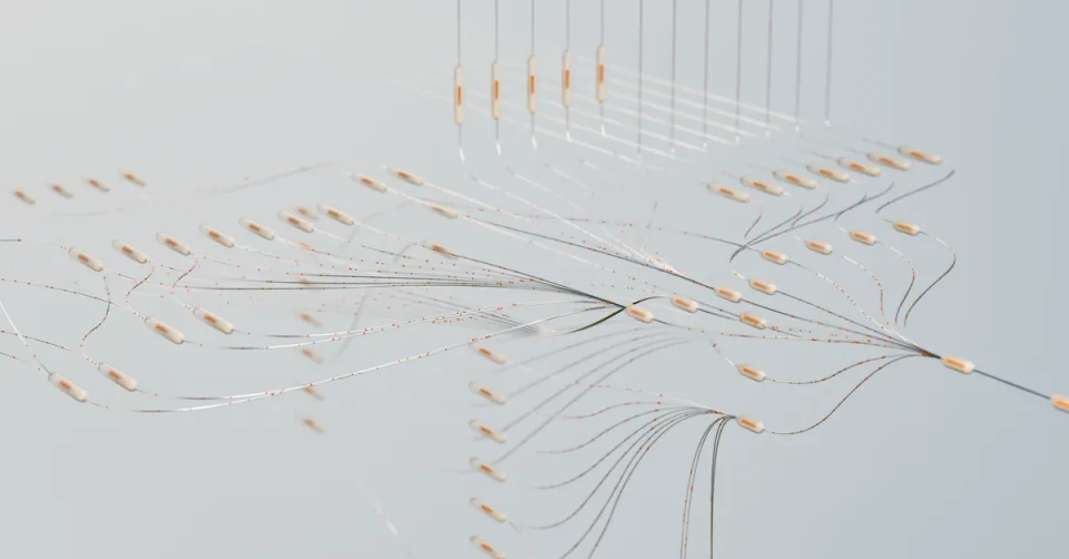 Représentation abstraite d'une architecture de réseau de neurones, symbole de la recherche en IA